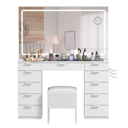 Coiffeuse HomeLova | Grand Miroir LED, Prises Intégrées